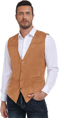 Century Star Men's Suede Leather Cowboy Vest Western Suit Casual Dress Wedding Slim Fit Waistcoat Renaissance Pirate Medieval in Saudi Arabia