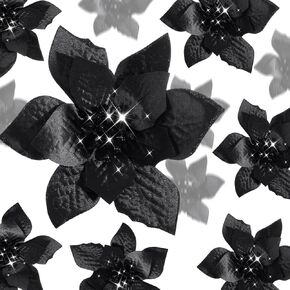 WILLBOND 24 Pieces 3 Size Christmas Glitter Poinsettia Flowers Wedding Faux Flowers Christmas Decoration Ornaments for Christmas tree New Year Home Outdoor Decoration (Black,4/6/7.9 Inches)