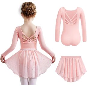 Zaclotre Ballet Leotards for Girls Long Sleeve Crisscross Back Dance Outfit with Removable Shiny Skirt Leotard Combo