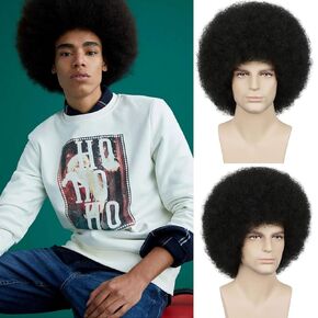 Men’s Afro Wig for 70s Disco Party, 5pcs Set (Wig+ Glasses+ Necklace+ Mustache+ Wig Cap) 70s outfits Costume Wig for Cosplay Halloween Christmas Party (Black