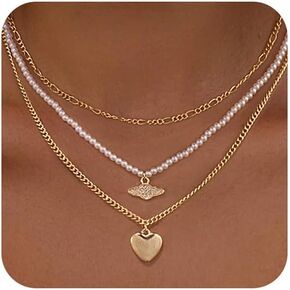 Pearl Necklace for Women,Dainty Layered Gold/Silver Necklaces for Women Pearl Necklaces Pendant Stackable Choker Necklaces Pearl Chain Jewelry Set Trendy Necklace in Kuwait