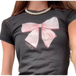 Short Sleeve Graphic T Shirts for Women Teens Y2k Bow Print Aesthetic Crop Tops Cute Baby Tee Summer Fashion 2024 in Kuwait