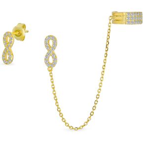Love Symbol Chain Cartilage Threader Ear Cuff Wrap Infinity Earring Pave CZ Stud Helix Earring Stud Set For Women Yellow 14K Gold Plated .925 Sterling Silver
