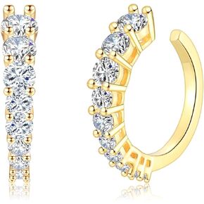CERSLIMO Ear Cuffs Non Piercing Earrings for Women, 14K Gold Plated Three Rows Cubic Zirconia Faux Diamond Ear Cuff Silver Clip On Cartilage Huggie Hoop Earrings