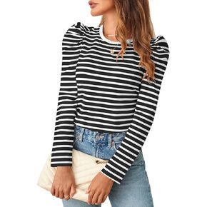 MEROKEETY Women's Puff Long Sleeve Striped Tops Crew Neck 2024 Fall Casual Knit Basic Tee Shirts