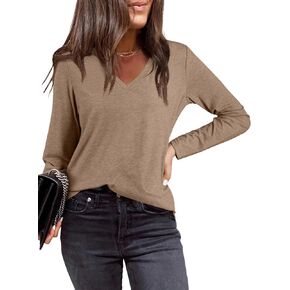 EVALESS Fall Tops for Women Casual V Neck Long Sleeve Shirts 2024 Basic T Shirts Lightweight Loose Tee Clothes