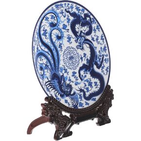 STOBAZA Blue and White Porcelain Decorative Plate of Oriental Floral Pattern Ceramic Ornaments Dessert Plates, 1 Plate with 1 Display Stand