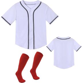 Kids Baseball Jersey and Medium Tube Boneless Socks Youth Boy Softball Blank V-neck Tee Sports Casual Shirt