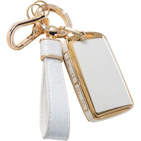 for Mazda Key Fob Cover with Leather Keychain Soft TPU Protection Key Case Compatible with Mazda 3, Mazda 3 Hatchback, 2020-2022 Mazda CX-5 Smart Key Holder, White