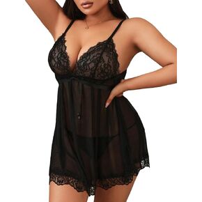 OYOANGLE Women's Plus Size V Neck Nightwear 2 piece Chemise Lace Strap Mesh See Through Lounge Sleepwear Lingerie Set