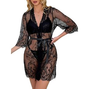 OYOANGLE Women's 3 Piece Lingerie Set Floral Lace Bra and Thong Set with Belted Robes Nightgown Sleepwear
