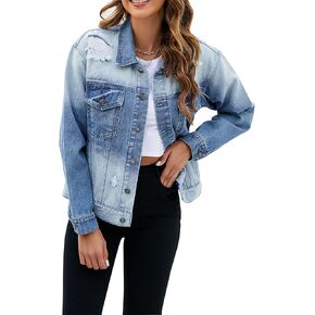 جاكيت LONGYIDA نسائي من الدينيم جاكيت جينز ممزق، أزرق، L in Kuwait