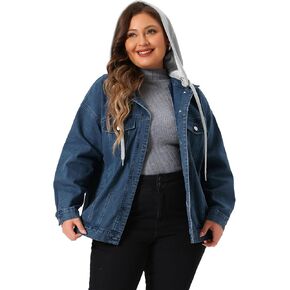 Agnes Orinda Women's Plus Size Denim Jacket Layered Drawstring Detachable Hoodie Jean Jackets with Pockets