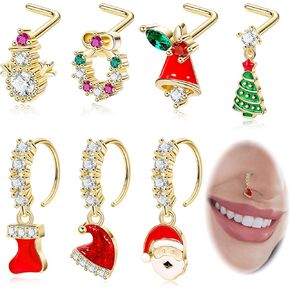 7Pcs 20G 316L Stainless Steel Christmas Dangle Nose Ring Stud for Women Men L Shaped Snowman Nose Studs Christmas Tree Santa Claus Dangling Nose Piercing Jewelry
