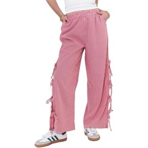 Women Y2K Plaid Pajama Pants Bow Tie Side Loose Trousers Gingham High Waist Wide Leg Bottom