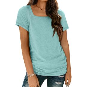 AUTOMET Womens Tops Casual Spring Summer Tshirts 2024 Short Sleeve Square Neck Basic Tee Outfits