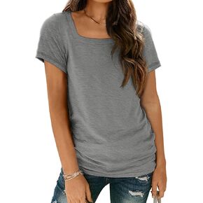 AUTOMET Womens Tops Casual Spring Summer Tshirts 2024 Short Sleeve Square Neck Basic Tee Outfits