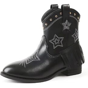 Eithy Cowgirl Cowboy Ankle Embroidered Western Boots Side Zipper Riding Boots with Tassel for Little Kid/Big Kid