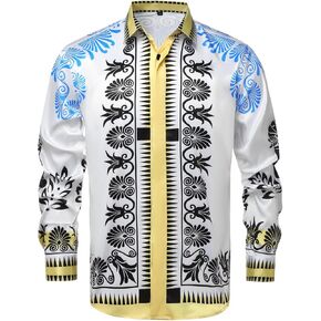 Mens Luxury Brand Printed Silk Like Satin Button Down Dress Shirt for Party Prom Long Sleeve Slim Fit Floral Nightclub Shirt