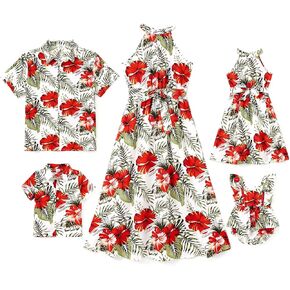 PATPAT Family Hawaiian Matching Outfits Mommy and Me Outfits Beach Vacation Tropical Print Halter Sundresses and Shirts