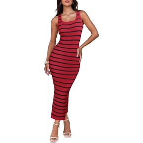 ZESICA Women's Summer Square Neck Bodycon Midi Dresses 2024 Casual Sleeveless Ribbed Knit Striped Beach Vacation Long Dress
