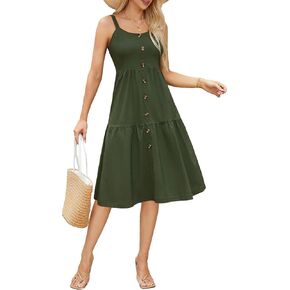Womens Summer Dresses Casual Spaghetti Strap Button Down Midi Dress Cute Crew Neck A-Line Sundress with Pockets