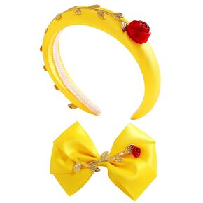 Princess Rose Headband with Hair Bow Clips for Women Spa Makeup Washing Face Headband Halloween Costume Hair Accessories for Belle