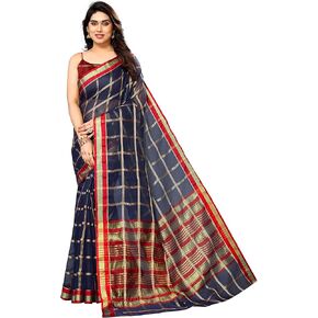 Women's Kota Doria Cotton Checks Saree With Unstitched Blouse Piece (Selfiee_Free Size)