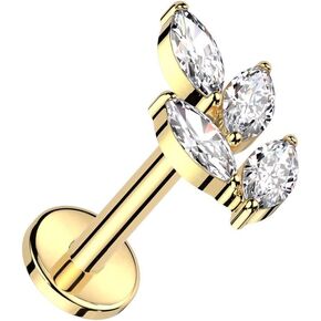 Pierced Owl 16GA ASTM F-136 Implant Grade Titanium Internally Threaded CZ Crystal Marquise Leaf Flat Back Stud