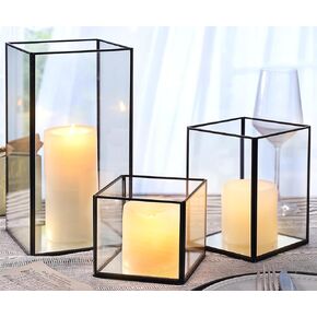LAMORGIFT 3 Pcs Black Hurricane Candle Holder- Black Lanterns Decorative, Hurricane Candleholders for Pillar Candles, Lantern Candle Holders for Wedding Centerpieces/Kitchen/Dining Room Decor(L)
