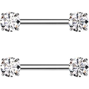 Pierced Owl 14GA ASTM F-136 Implant Grade Titanium Threadless Push-In Prong Set CZ Crystal Ends Nipple Barbells, Sold as a Pair