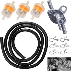 1 Set Car Fuel Hose Clamp Kit, 1 39.3" Fuel Line + 3 Fuel Filters + 1 Switch Petcock Valve + 6 Clips, Flexible Durable Hose, Universal for Motorcycles and Off-road Vehicles ATVs (Black)