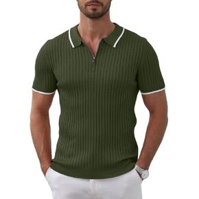 ThusFar Men's Zipper Polo Shirt Casual Knit Short Sleeve Ribbed Polo T Shirt Classic Fit Golf Shirts Activewear Polos