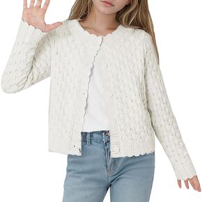 Girls Cardigan Sweaters Long Sleeve Cable Knitted Cropped Sweater Button Closure Tops 5-12Y