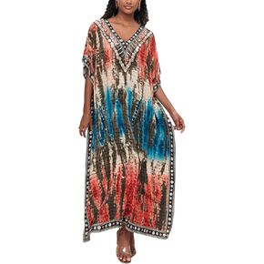 Plus Size Beach Kaftan Dresses for Women Print V-Neck Long Swimsuit Cover Ups