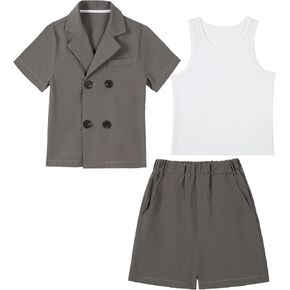 Boys Shorts Set 3 Pieces Summer Outfits, Short Sleeve Shirt and Shorts White Tank Top, Boy Clothing Set for Kids