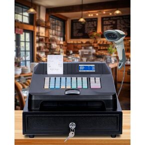 Cash Register for Small Businesses with Cash Drawer and Scanner,Perfiware Electronic Cash Registers with Dual Display& Auto Print Receipt,Oil-Proof Keyboard for Store/Restaurant/Mall/Shop