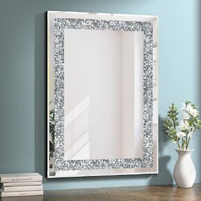 Crystal Decorative Mirror-24 x24 Gorgeous Silver Mirror, Crush Diamond Mirror for Wall Decoration Bedroom, Bathroom, Dining Room and Living Room