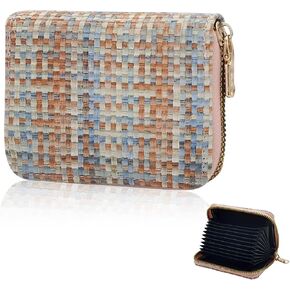 FuninCrea Credit Card Holder, PU Leather Purses for Women, Mini Womens Wallet Woven Texture Bifold Wallet with Zipper, Fashionable Small Purse with 9 Accordion-Style Slots (Pink+Blue)