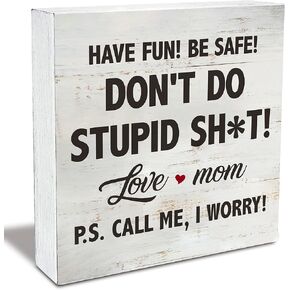 Have Fun be Safe Don't Do Stupid Wood Box Sign Rusitc Call Mom Wooden Box Sign Children Farmhouse Home Bedroom Dorm Desk Shelf Decor, Gift for Kids (5 X 5 Inch)