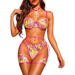 RSLOVE Women Lingerie Sets Sexy - Underwire Floral Embroidered with Garter Belt 3 Piece Bra and Panty Sets Lace Babydoll