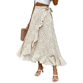 Floral Print Ruffle Waist Maxi Skirt for Women with Side Adjustable waistband