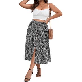 Floerns Women's Plus Size Ditsy Floral Split Thigh Button Front Midi Skirts