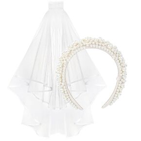 Bride Headband with Bridal Veil, Bachelorette Party Decorations, Pearl Bridal Headband and Veil for Bachelorette Party, Bachelorette Party Favors