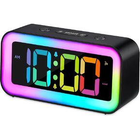 Loud Alarm Clock for Bedrooms with Dynamic RGB Night Light,Heavy Sleepers Adults,Dual Alarm,Dimmer,USB Charger,Small Bedside Digital Clock with Led Display for Kids,Teens,Seniors (Black)