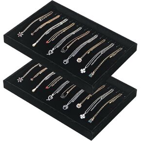 Byken 2 Pcs Necklace Organizer Dish Tray,Stackable Jewelry Organizer Trays for Drawer,20 Hooks Chains Jewelry Displays for Selling (Black)