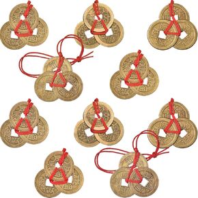 Chinese Fortune Coins Feng Shui Coins I Ching Coins Good Luck Coins Traditional Brass New Year Coins with Red String for Wealth and Success, 5 Styles (10)