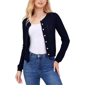 Womens Crewneck Cardigan Knit Long Sleeve Sweater Lightweight Button Down Cardigan Top Solid Color Casual Outfits