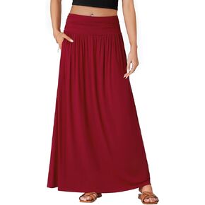 Vrtige Women's Casual Elastic High Waist Flowy A Line Long Maxi Skirt with Pocket