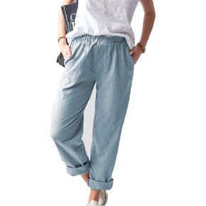 Women's Straight Pants Elastic Waist Casual Trousers Pants with Pockets